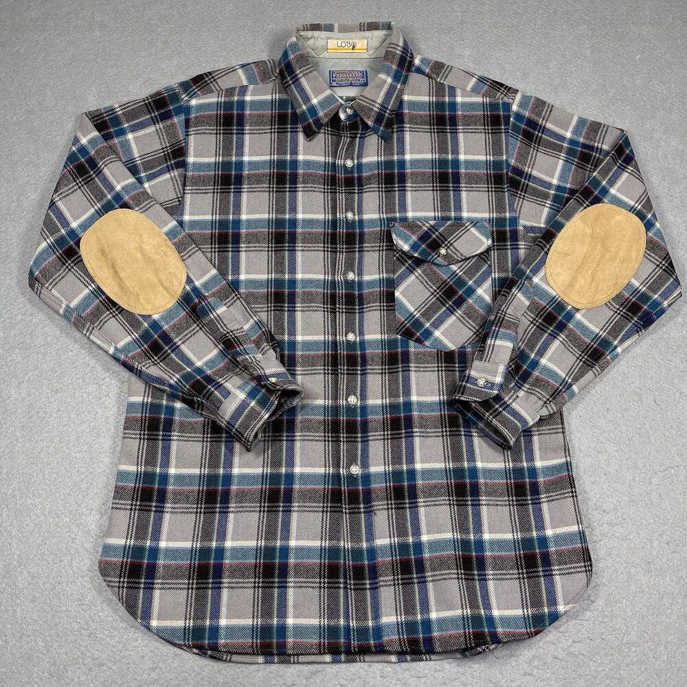 Pendleton Shirt Mens Large Gray Wool Plaid LOBO Suede Elbow Patches Made in USA